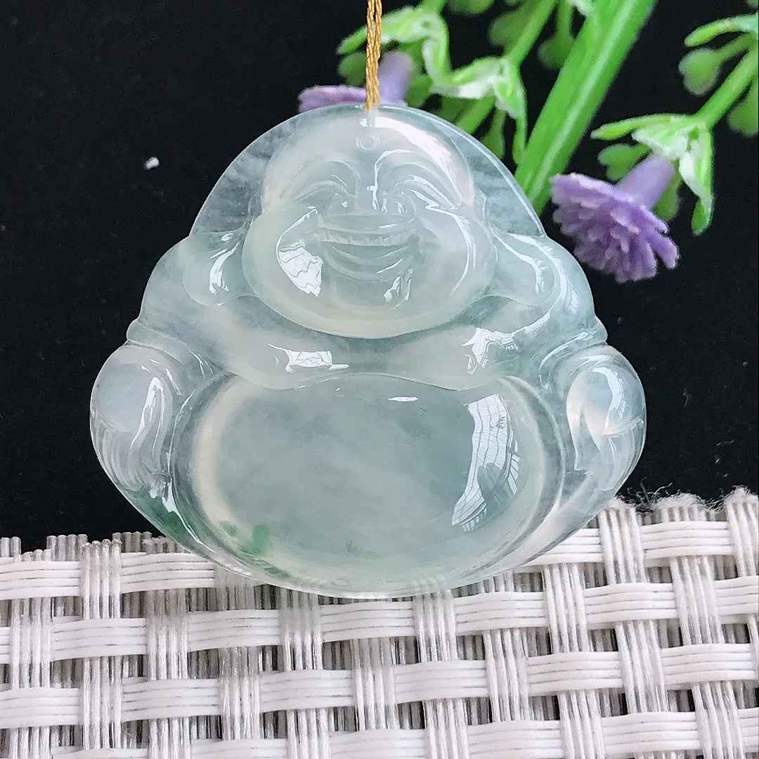 实拍A货翡翠30.8/34.6/6.2老坑冰透起胶飘花佛公吊坠翡翠挂件