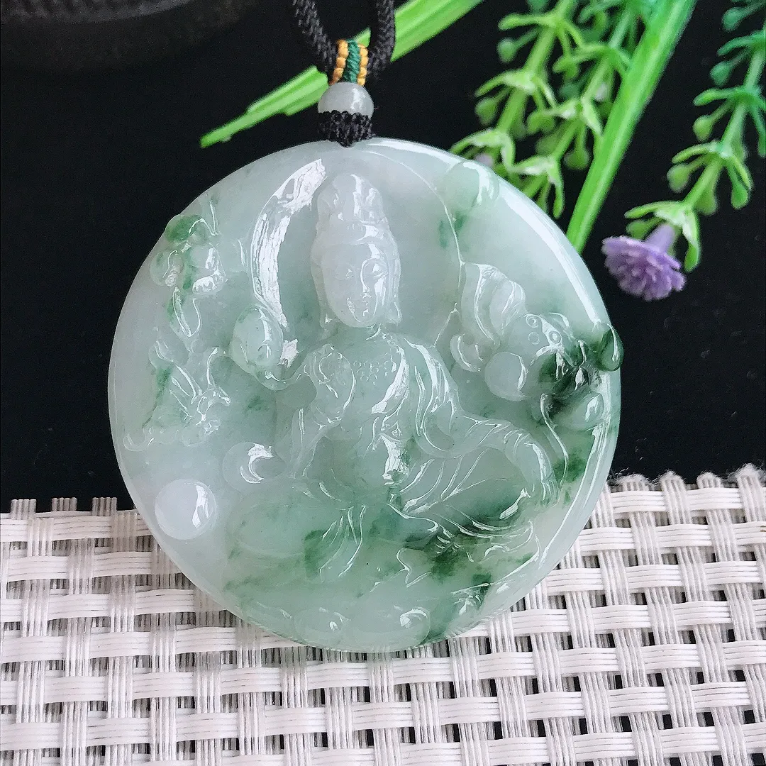 实拍A货翡翠50.8/5.5老坑精美温润飘花赐福观音吊坠翡翠挂件
