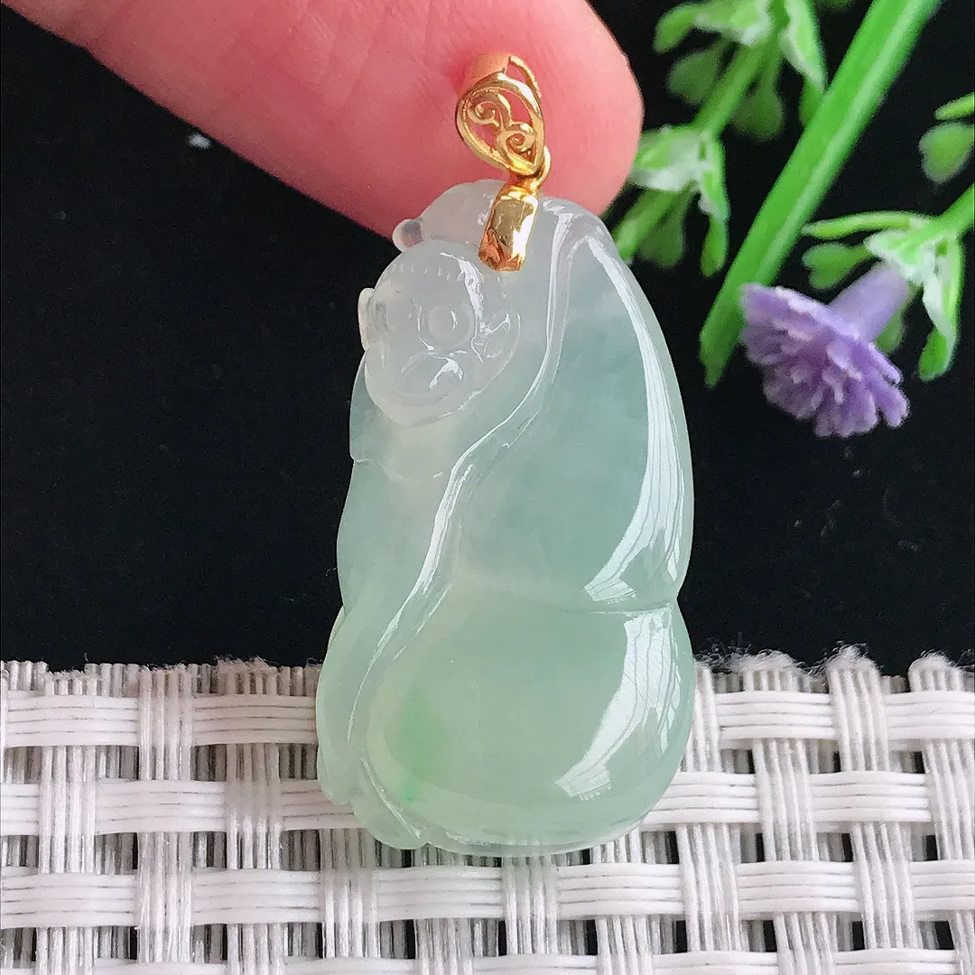 实拍A货翡翠30.6/16.7/6.8老坑18k金镶嵌冰胶甜绿葫芦吊坠翡翠挂件