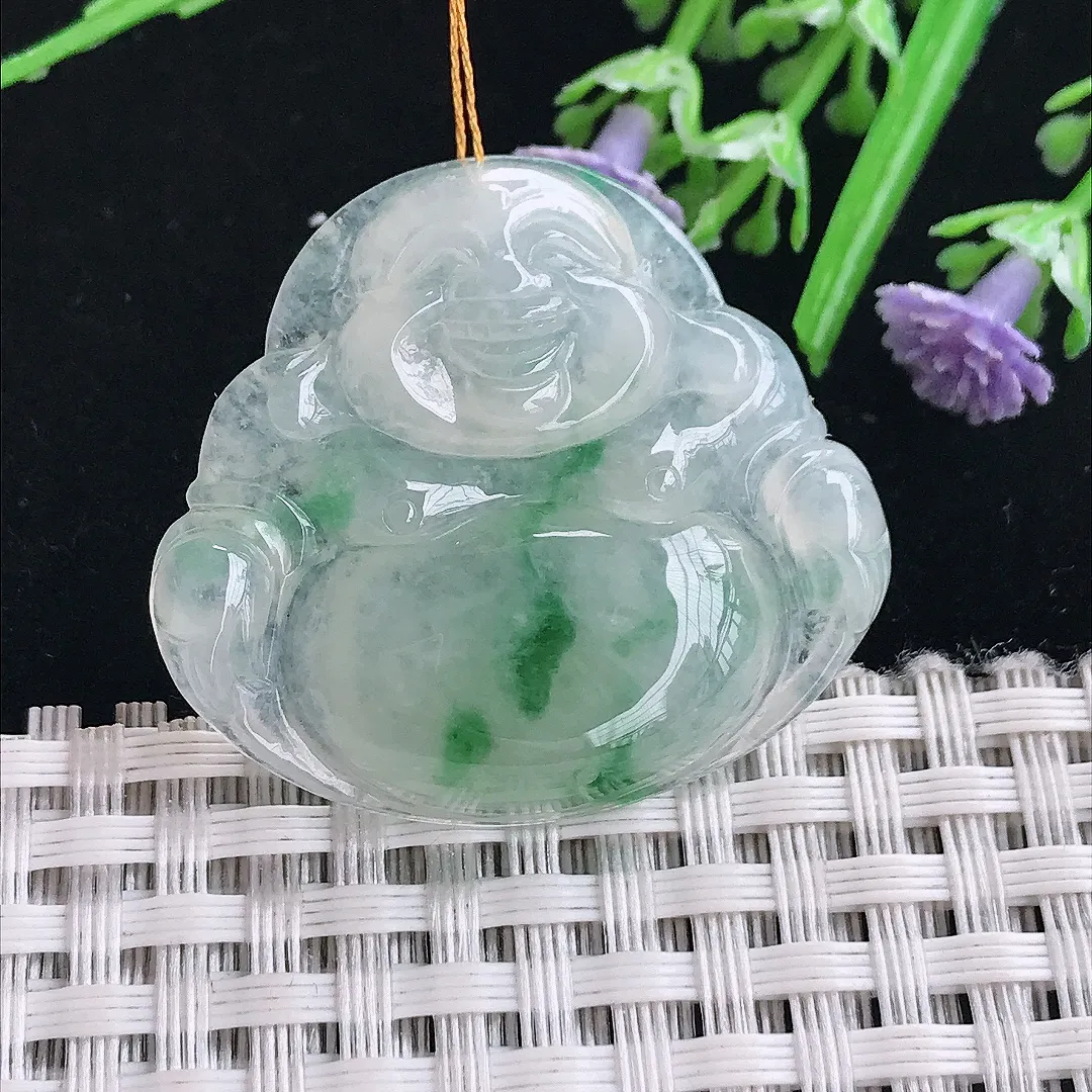 实拍A货翡翠31.8/35.3/6老坑冰润起胶飘花佛公吊坠翡翠玉佛挂件