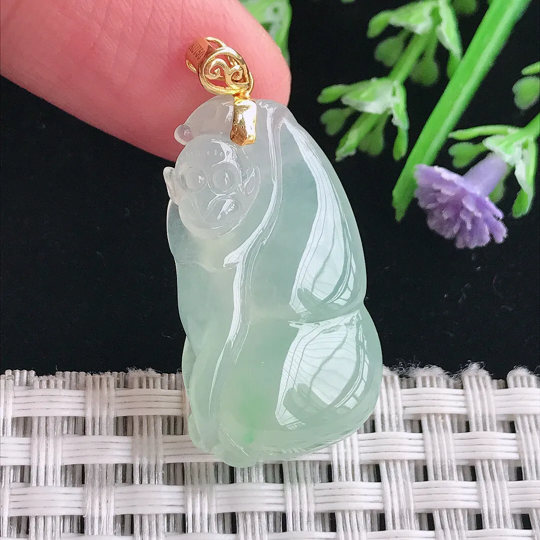 实拍A货翡翠30.6/16.7/6.8老坑18k金镶嵌冰胶甜绿葫芦吊坠翡翠挂件