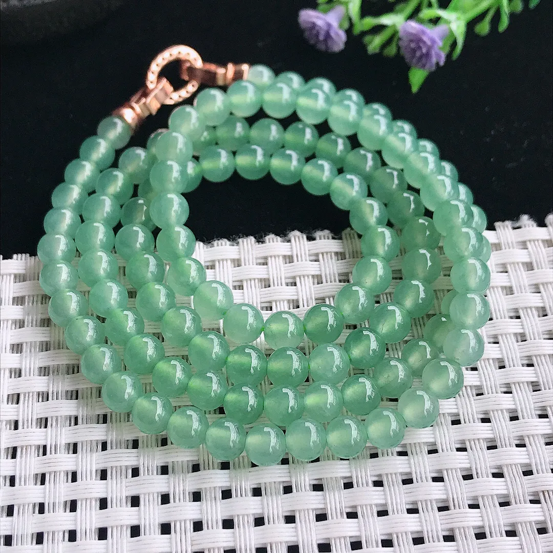 实拍A货翡翠6/108颗老坑冰种起胶冰晴绿玉珠项链