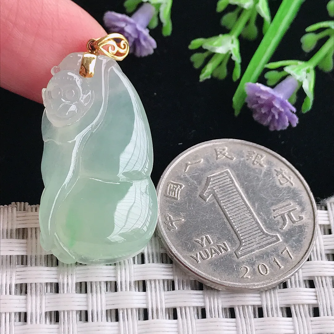 实拍A货翡翠30.6/16.7/6.8老坑18k金镶嵌冰胶甜绿葫芦吊坠翡翠挂件