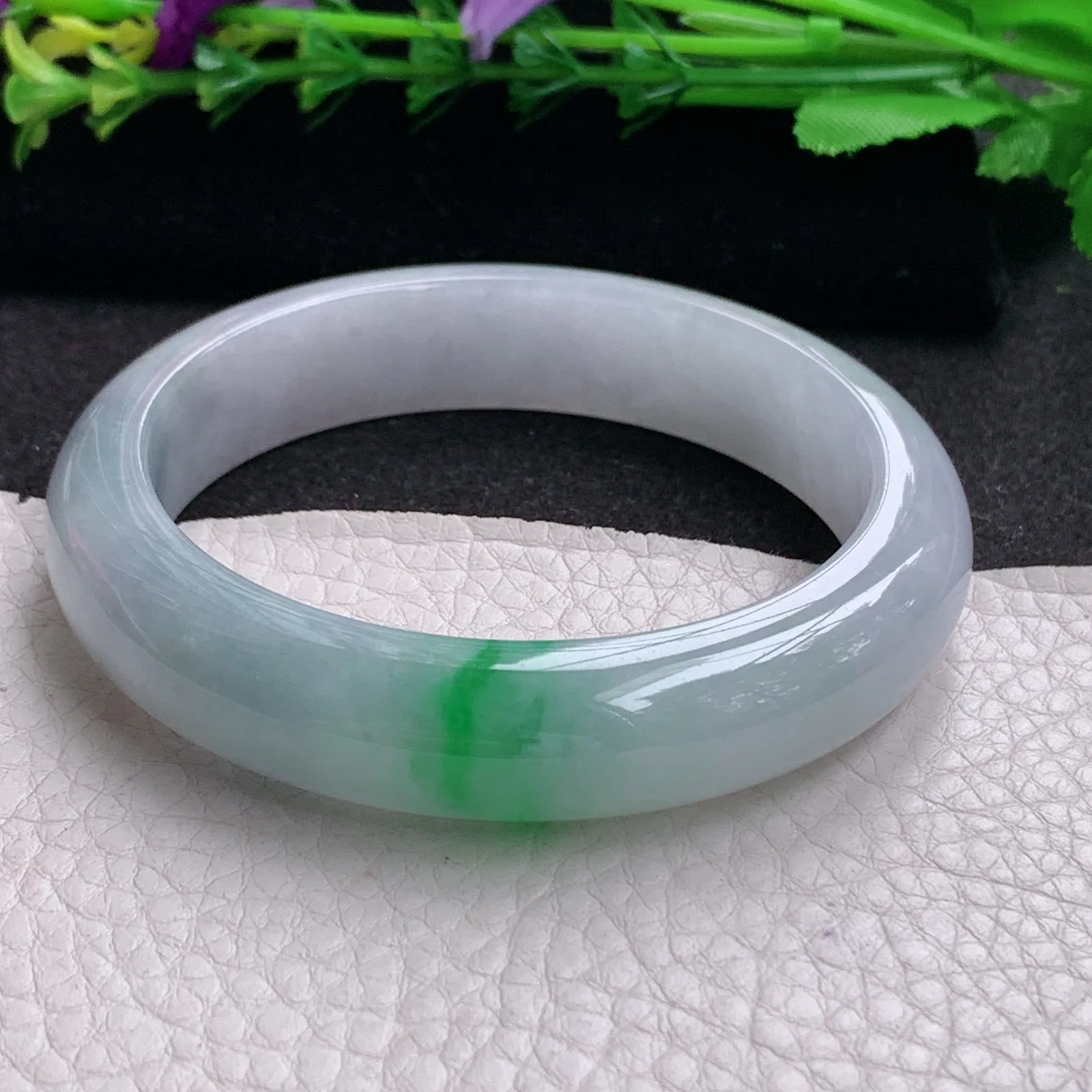 ll飘逸款57*13.2*8.5平安镯 天然缅甸翡翠A货水润飘花宽边玉手环