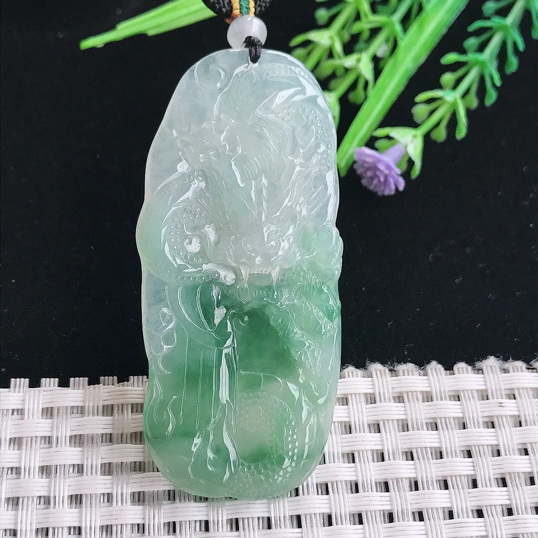 实拍A货翡翠60.5/27/5.3老坑冰胶果冻飘花龙牌吊坠翡翠挂件