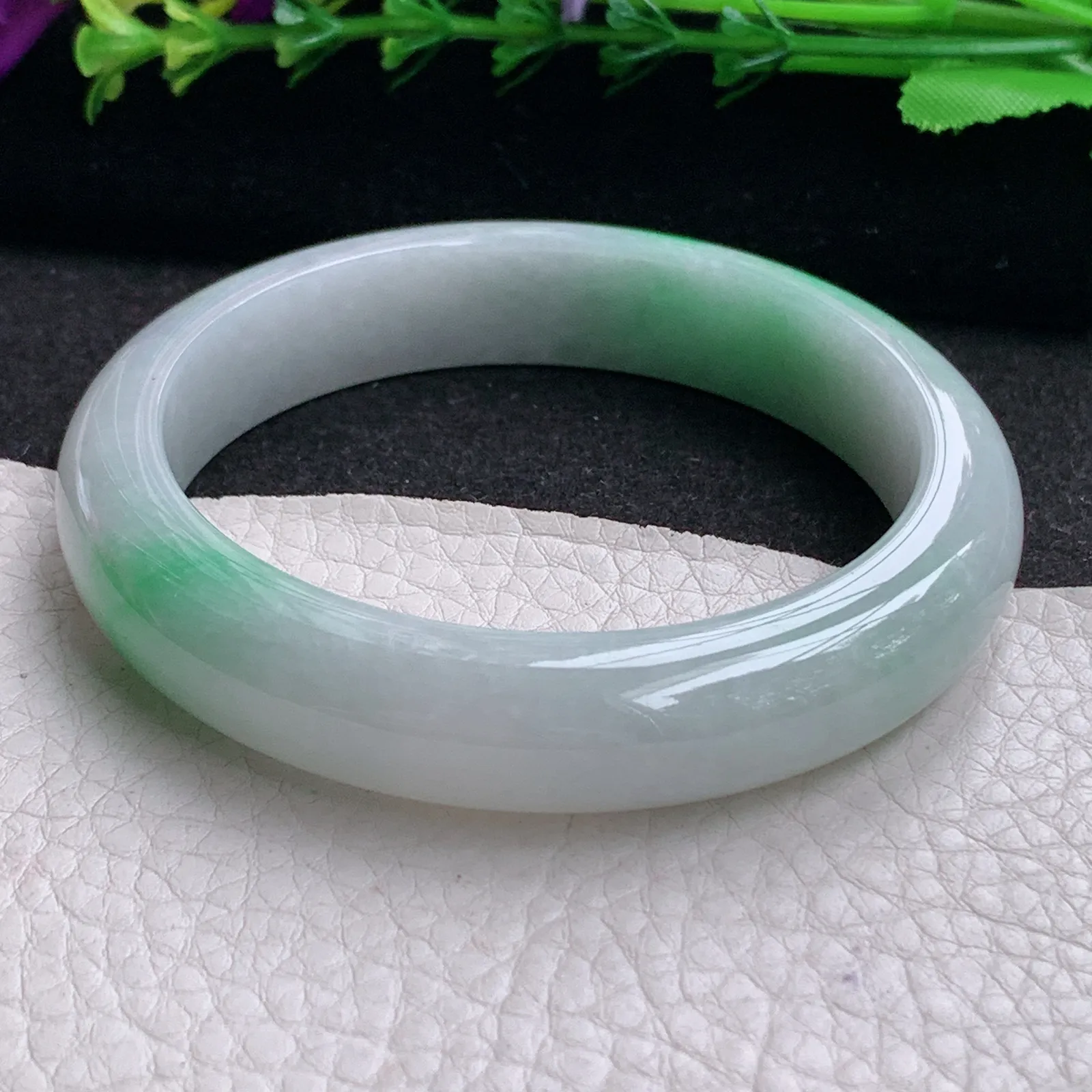 ll实拍56.5*12.6*8.5平安镯 天然缅甸翡翠A货水润飘绿花活力宽边玉手环