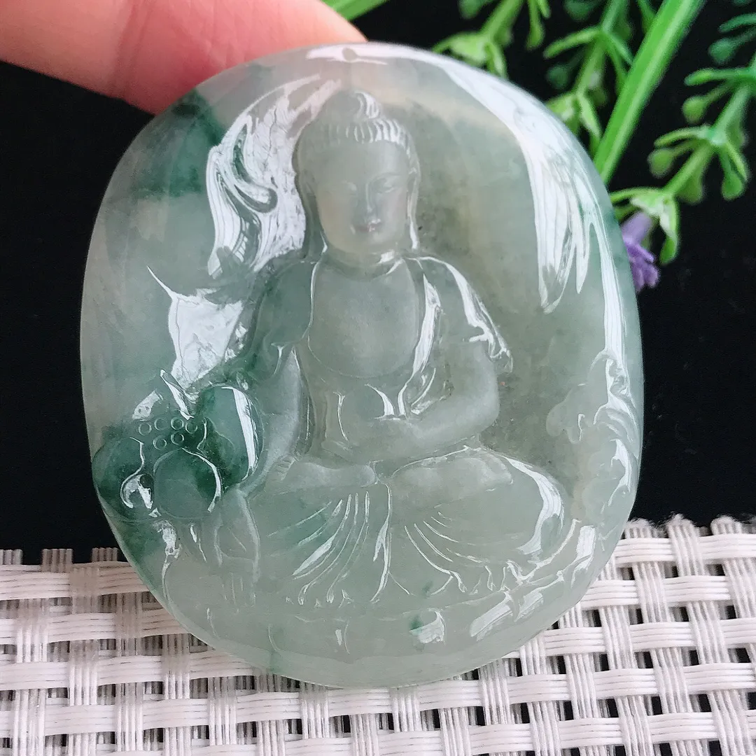 实拍A货翡翠58.7/52.5/5.8老坑冰胶水灵飘花阿弥陀佛吊坠翡翠挂件