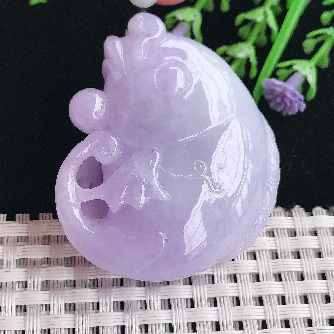 实拍A货翡翠46.5/39.5/17老坑冰润浓艳紫罗兰鲤鱼鱼吊坠翡翠连年有余挂件