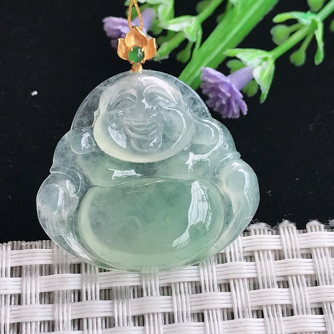 实拍A货翡翠28.8/31.6/5.7老坑18k金镶嵌冰种冰晴绿佛公吊坠翡翠挂件