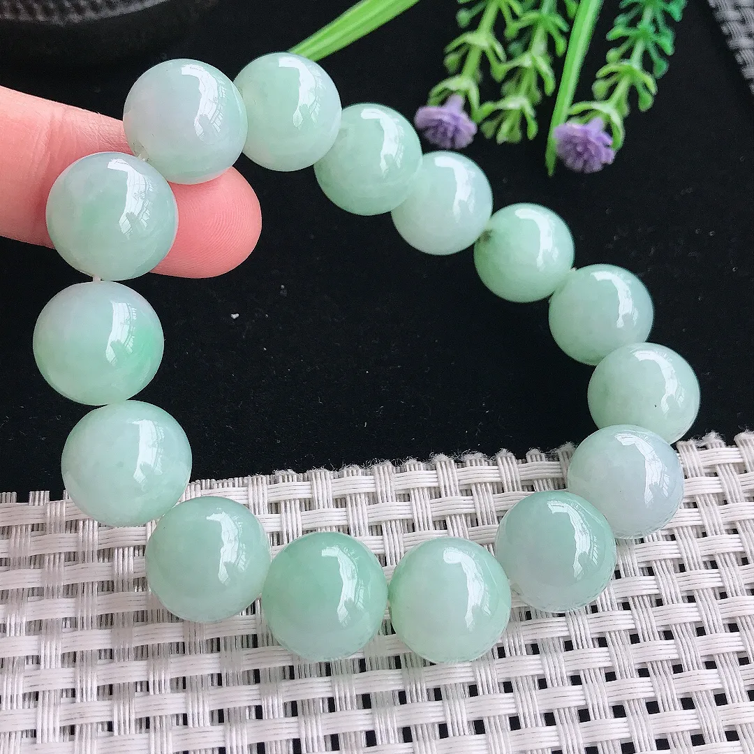 实拍A货翡翠14.1/15颗老坑冰润淡绿色圆珠手链吊坠翡翠玉手串
