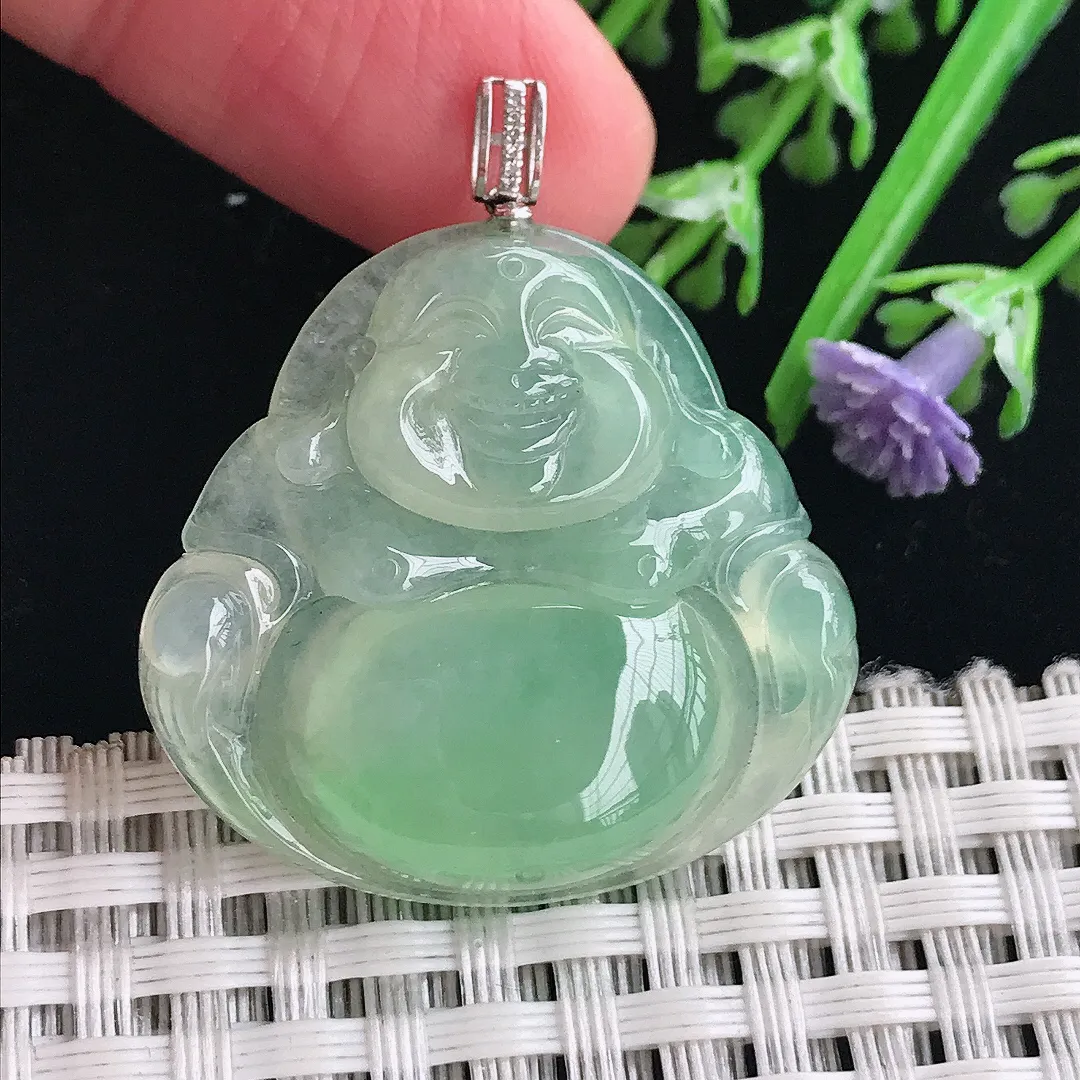 实拍A货翡翠30/31.6/6老坑18k金镶嵌冰晴甜绿佛公吊坠翡翠挂件