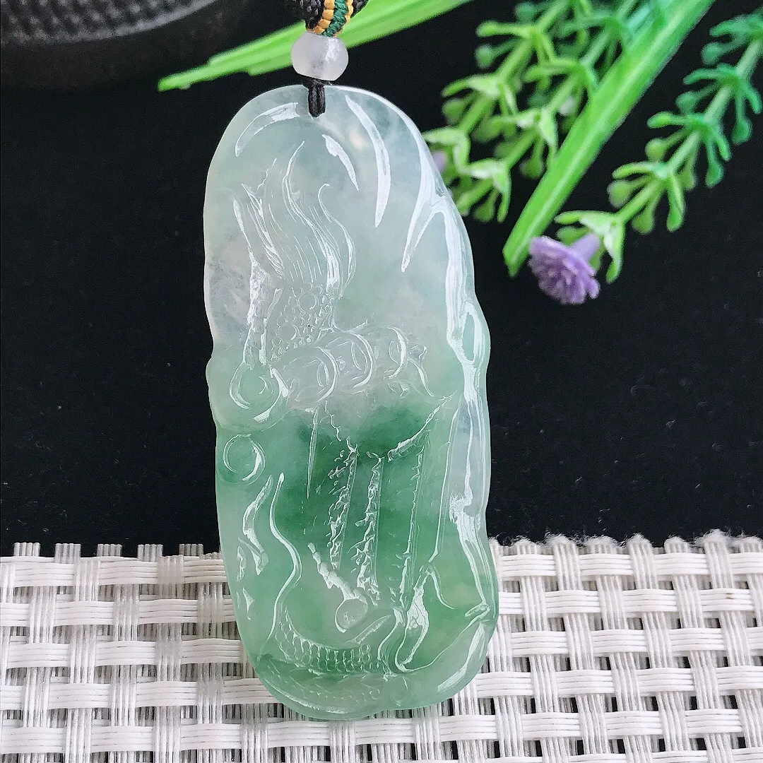 实拍A货翡翠60.5/27/5.3老坑冰胶果冻飘花龙牌吊坠翡翠挂件