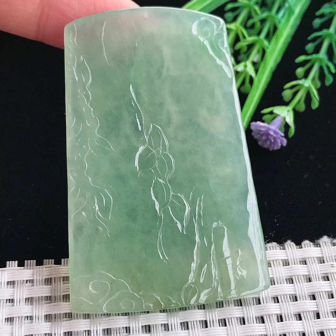 实拍A货翡翠66/43.5/5.2老坑冰胶果冻冰晴满绿虚空藏菩萨吊坠翡翠挂件