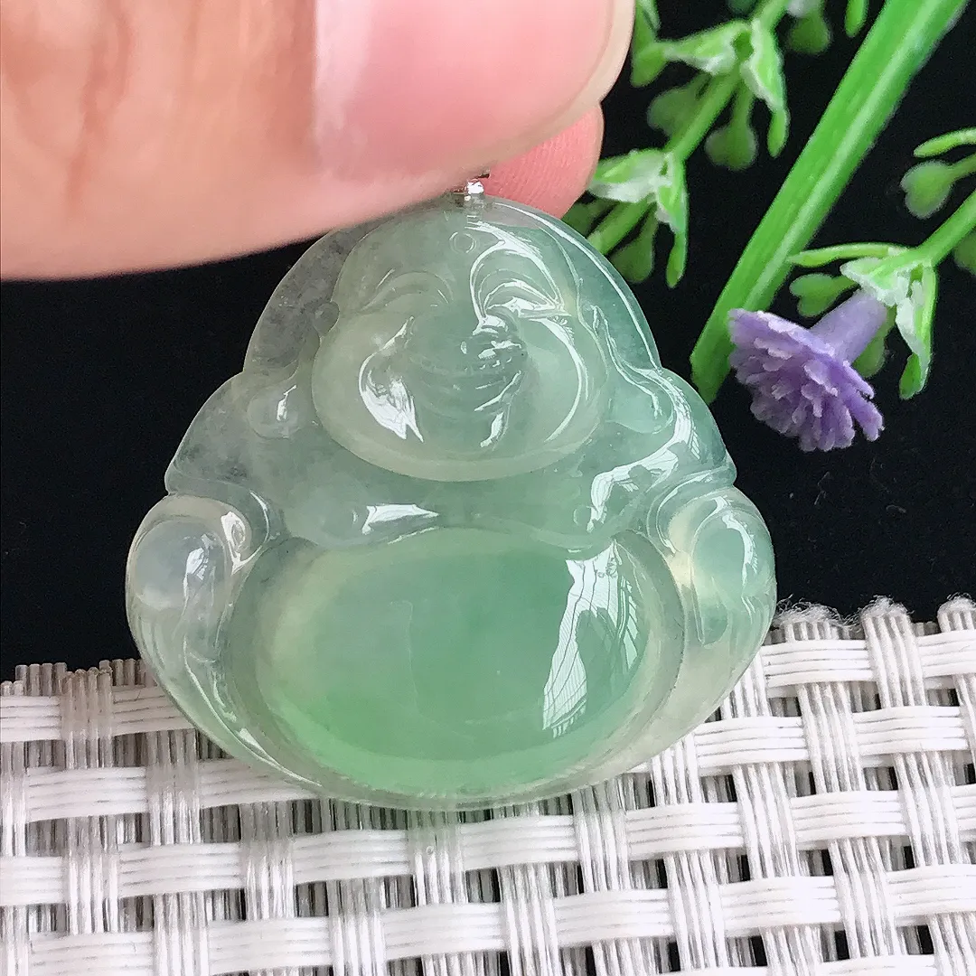 实拍A货翡翠30/31.6/6老坑18k金镶嵌冰晴甜绿佛公吊坠翡翠挂件