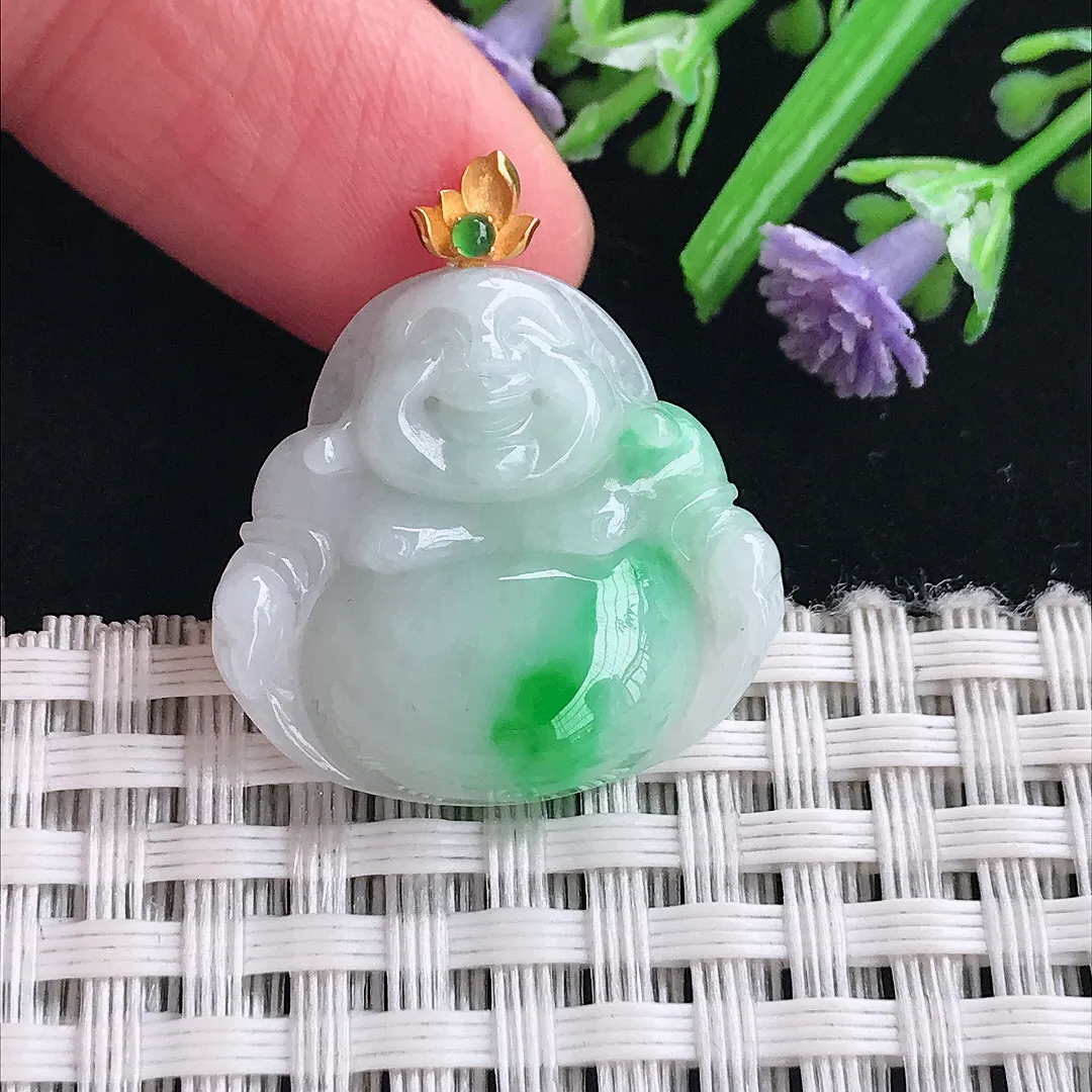 实拍A货翡翠22.8/24.2/5.4老坑18k金镶嵌温润飘阳绿佛公吊坠翡翠挂件