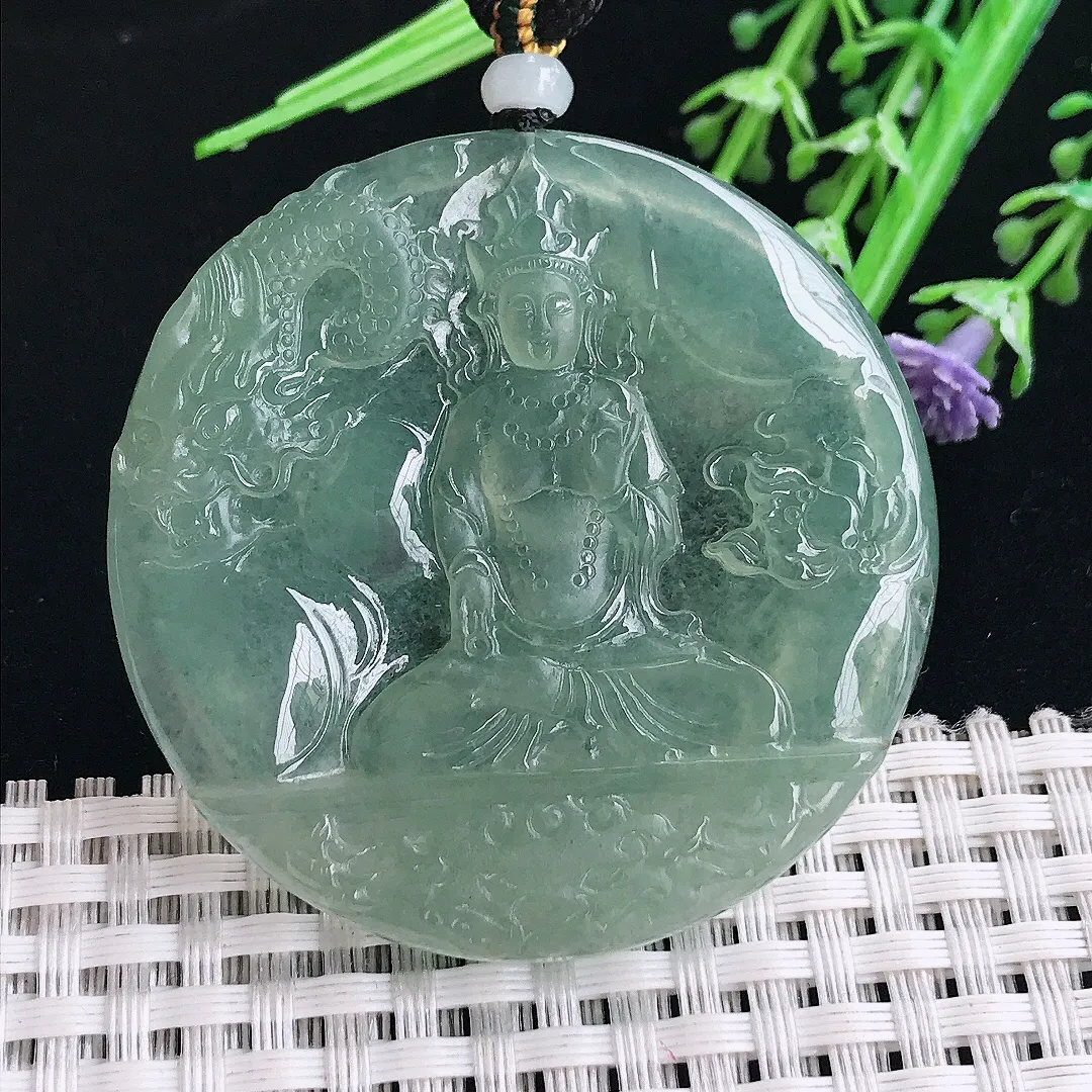 实拍A货翡翠49.6/5老坑冰种果冻冰晴满绿赐福观音吊坠翡翠挂件