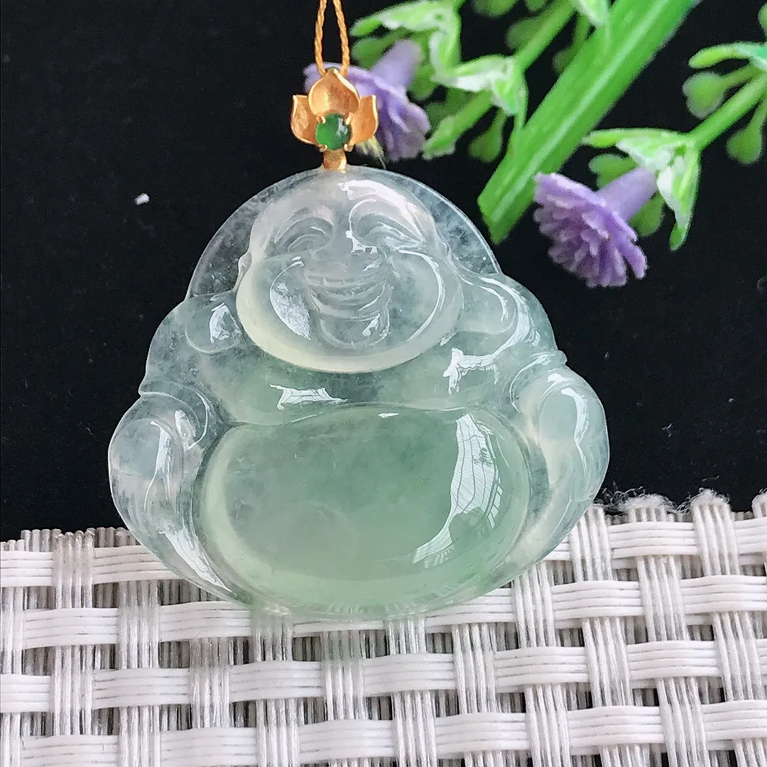 实拍A货翡翠28.8/31.6/5.7老坑18k金镶嵌冰种冰晴绿佛公吊坠翡翠挂件