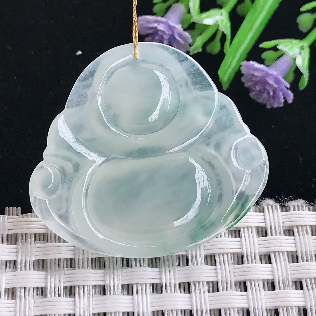 实拍A货翡翠30.8/34.6/6.2老坑冰透起胶飘花佛公吊坠翡翠挂件