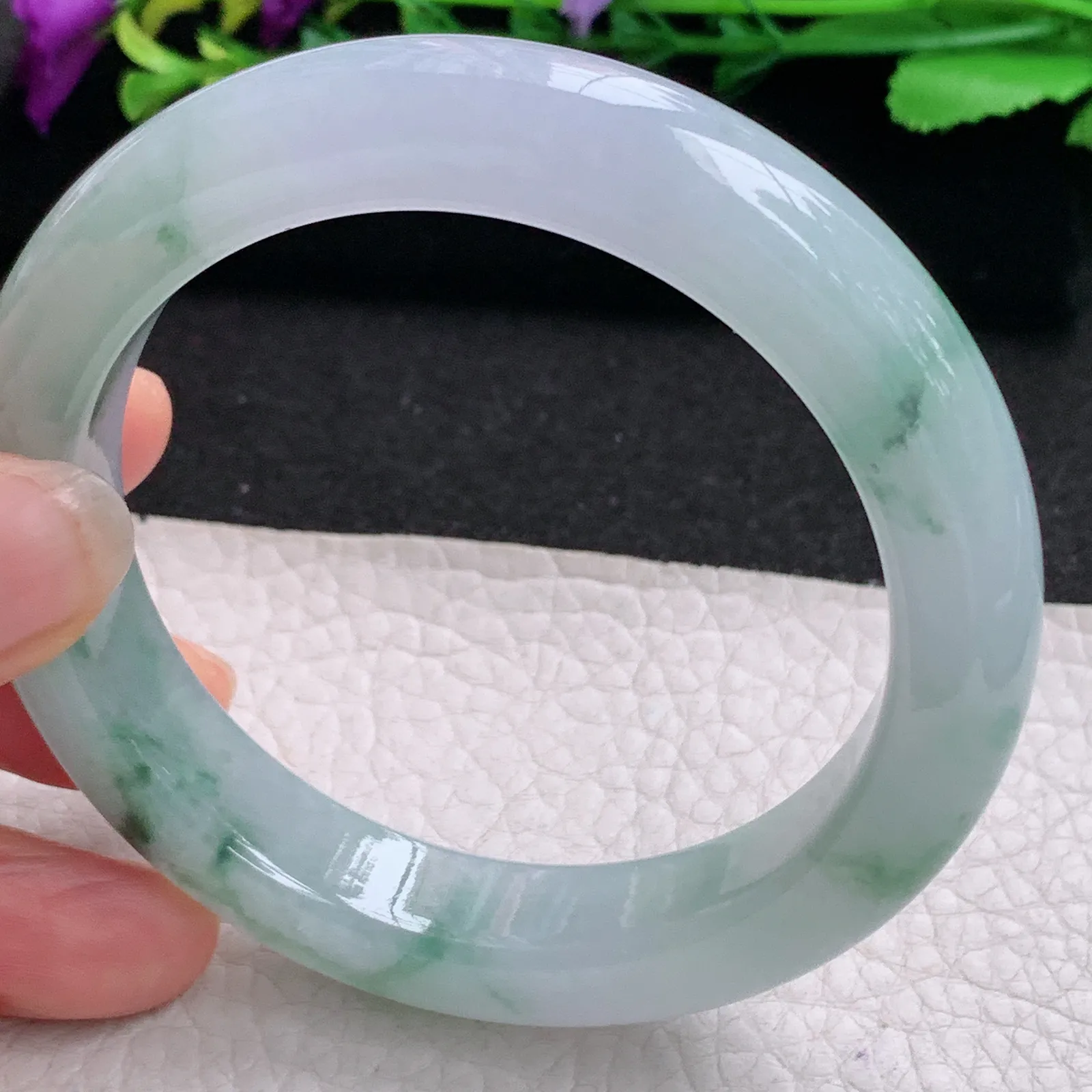 ll飘逸款58.5*12.5*9.5平安镯 天然缅甸翡翠A货冰润飘花宽边玉手环