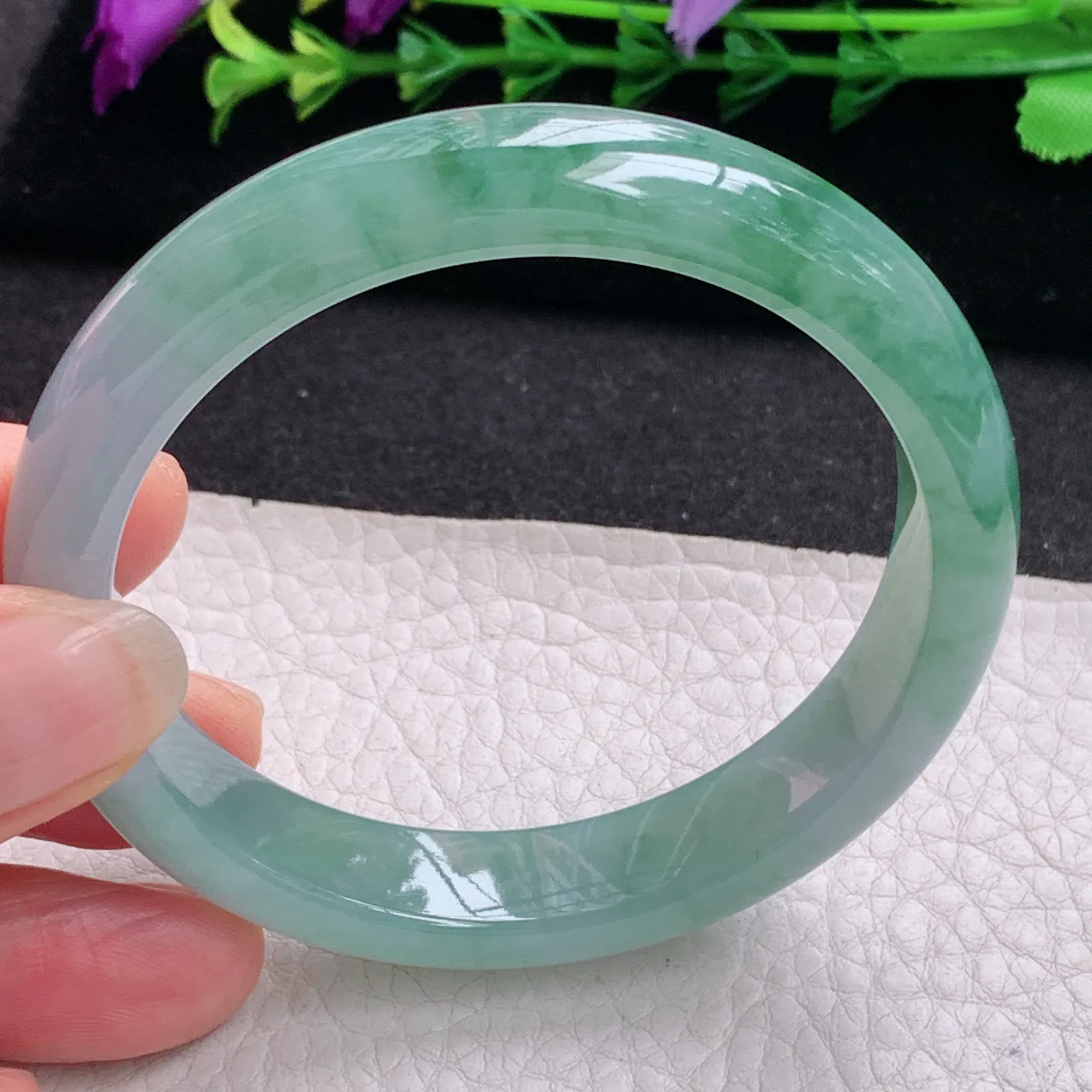 xx飘花韵味款56*12*7.5平安镯 天然缅甸翡翠A货冰胶飘逸宽边玉手环