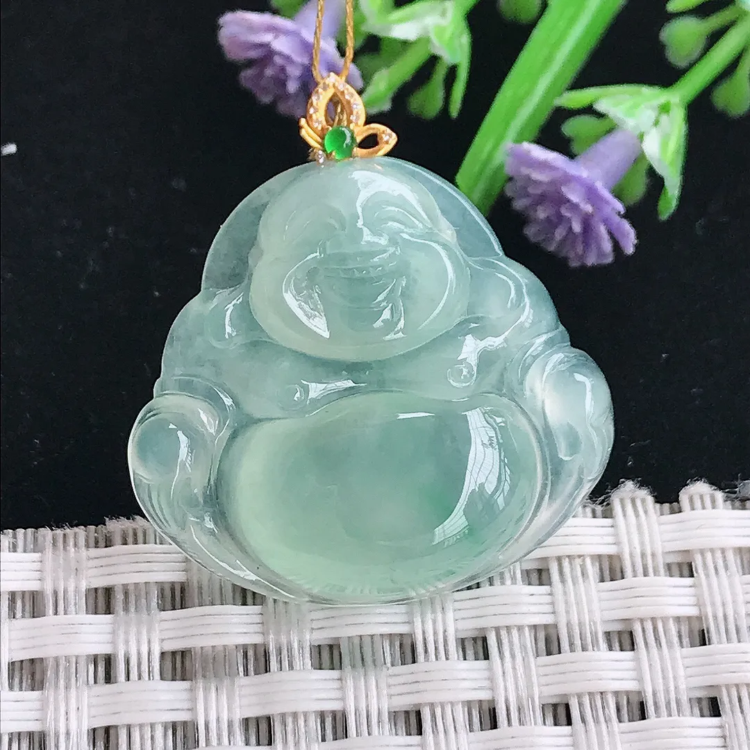 实拍A货翡翠25.5/27.8/6.2老坑18k金镶嵌冰种冰晴绿佛公吊坠翡翠玉佛挂件