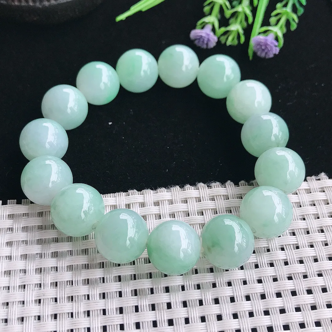 实拍A货翡翠14.1/15颗老坑冰润淡绿色圆珠手链吊坠翡翠玉手串