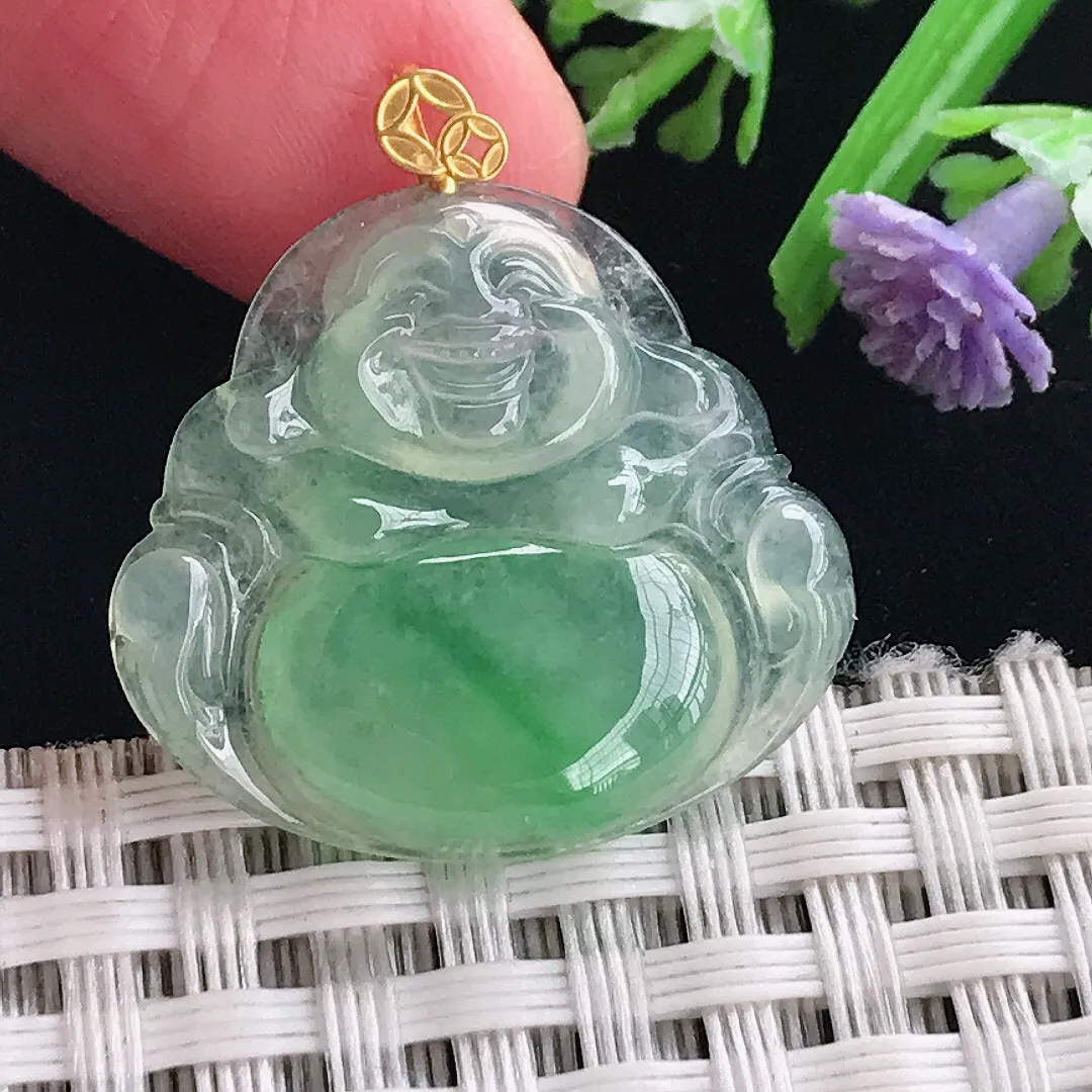 实拍A货翡翠23/25/4.1老坑18k金镶嵌冰阳绿佛公吊坠翡翠玉佛挂件