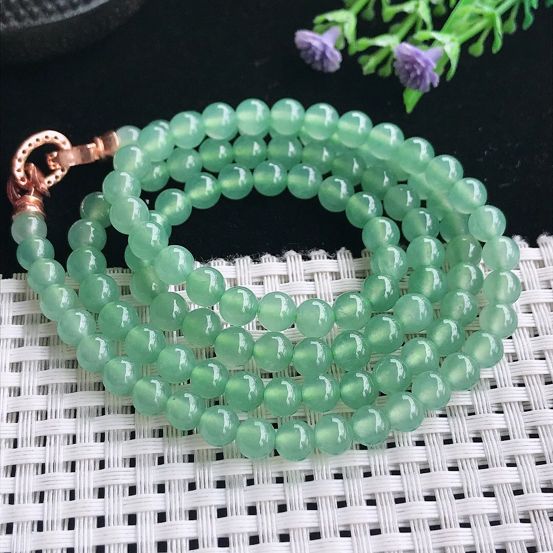 实拍A货翡翠6/108颗老坑冰种起胶冰晴绿玉珠项链