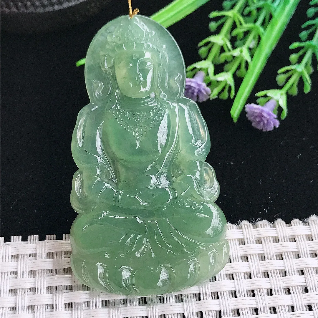 实拍A货翡翠66/36.4/5.5老坑冰胶果冻满甜绿渡母菩萨吊坠翡翠挂件