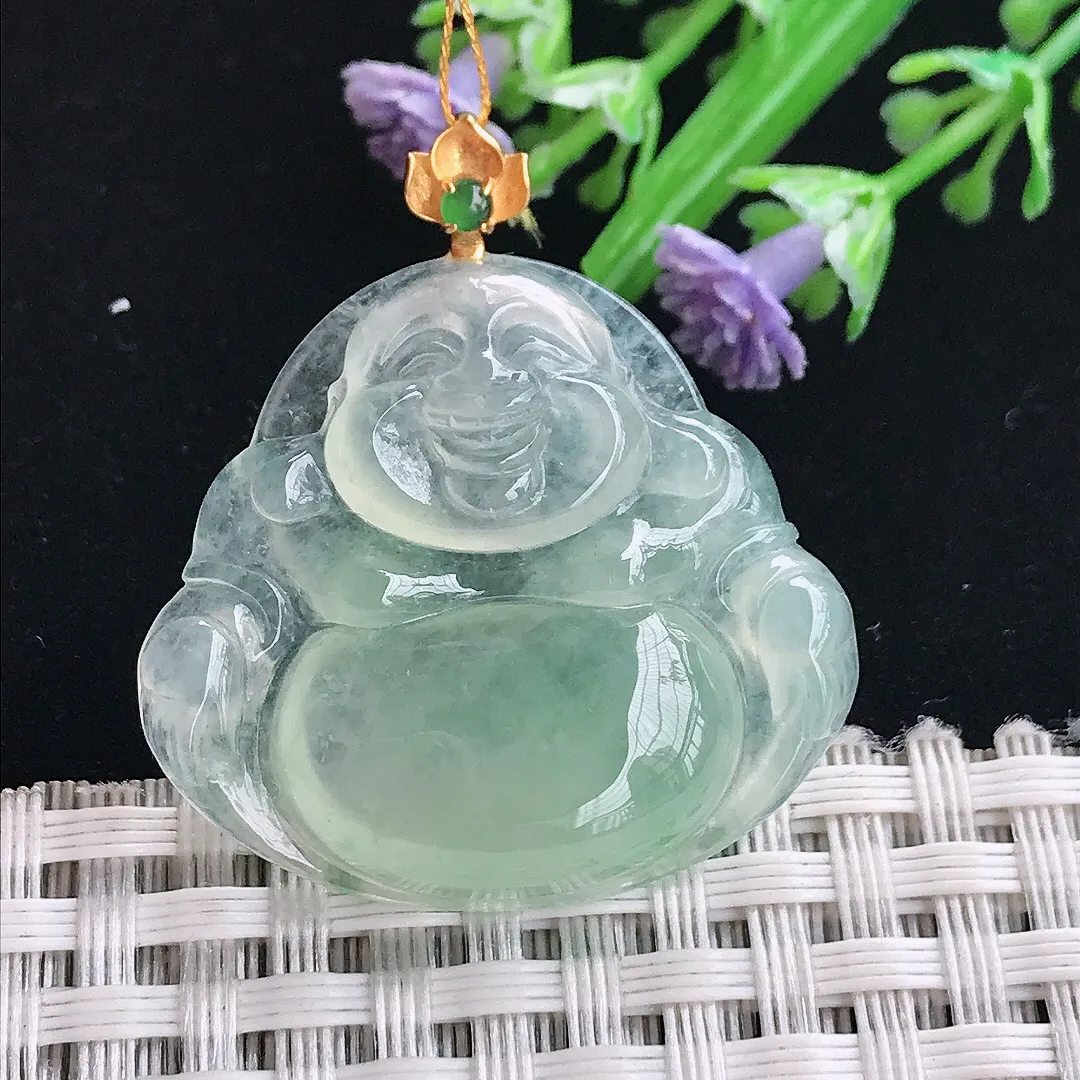 实拍A货翡翠28.8/31.6/5.7老坑18k金镶嵌冰种冰晴绿佛公吊坠翡翠挂件