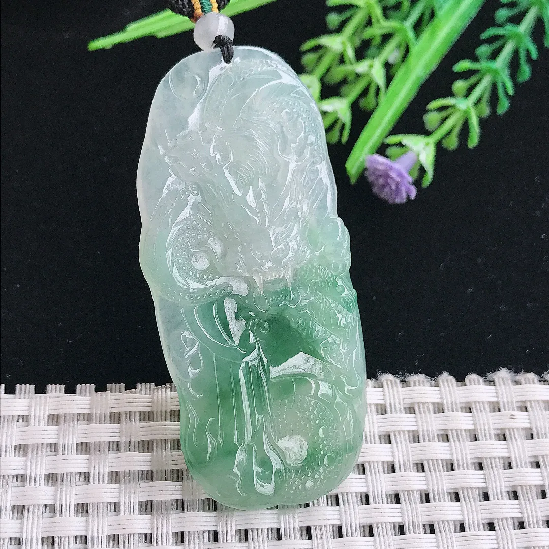 实拍A货翡翠60.5/27/5.3老坑冰胶果冻飘花龙牌吊坠翡翠挂件