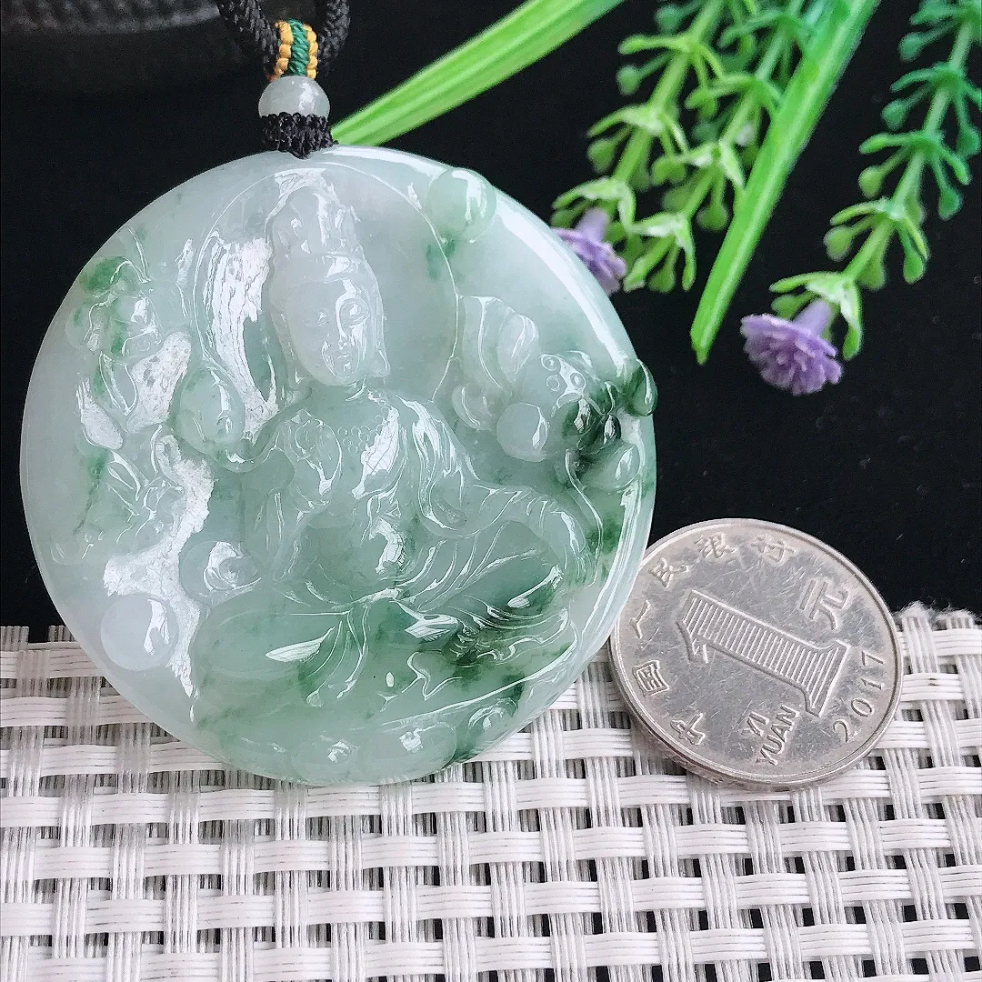 实拍A货翡翠50.8/5.5老坑精美温润飘花赐福观音吊坠翡翠挂件