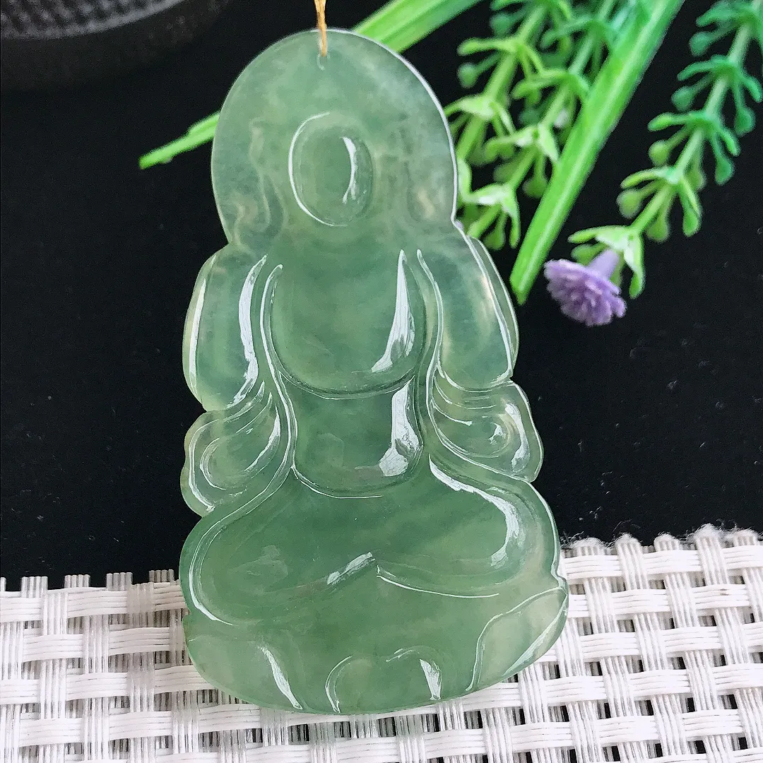 实拍A货翡翠66/36.4/5.5老坑冰胶果冻满甜绿渡母菩萨吊坠翡翠挂件