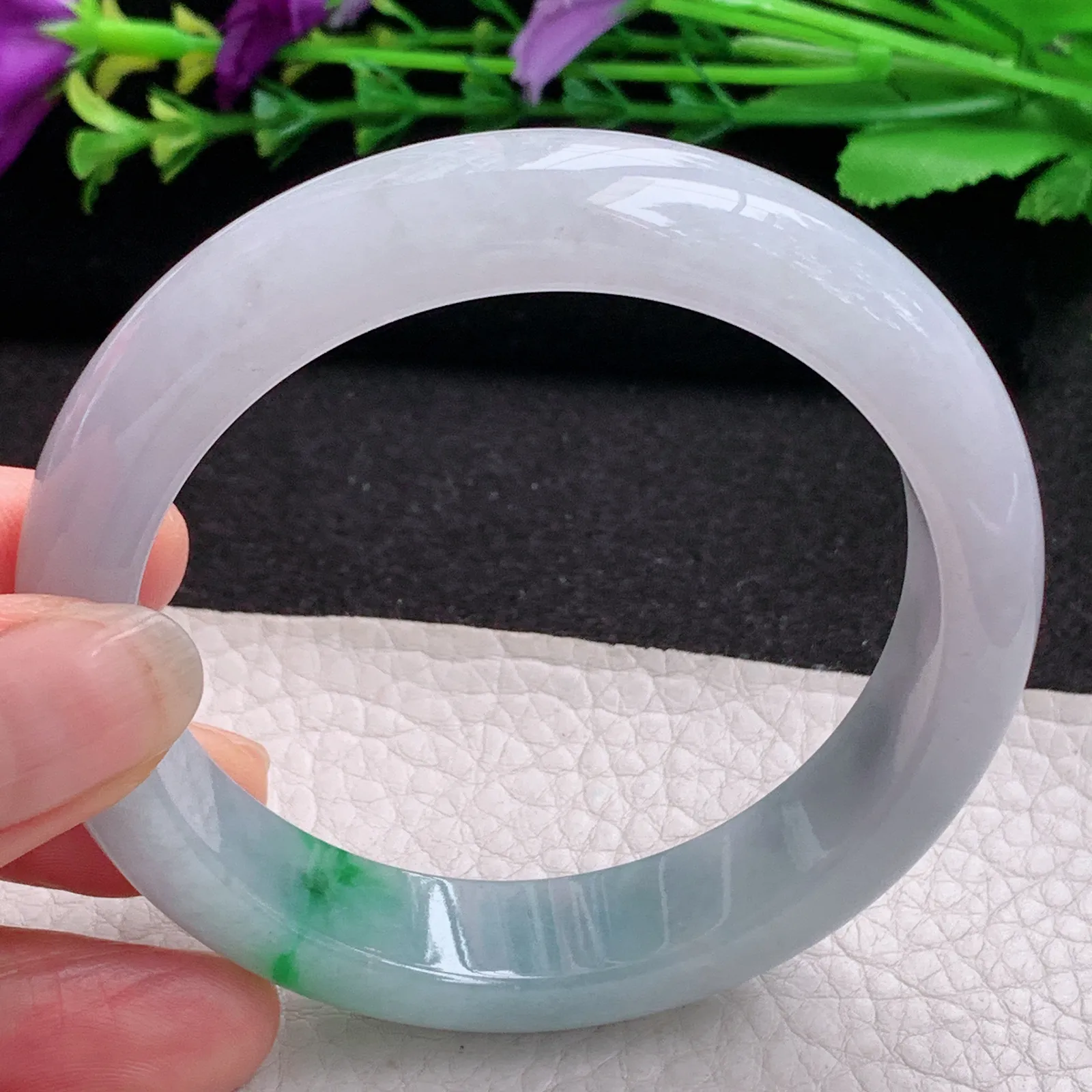 ll飘逸款57*13.2*8.5平安镯 天然缅甸翡翠A货水润飘花宽边玉手环