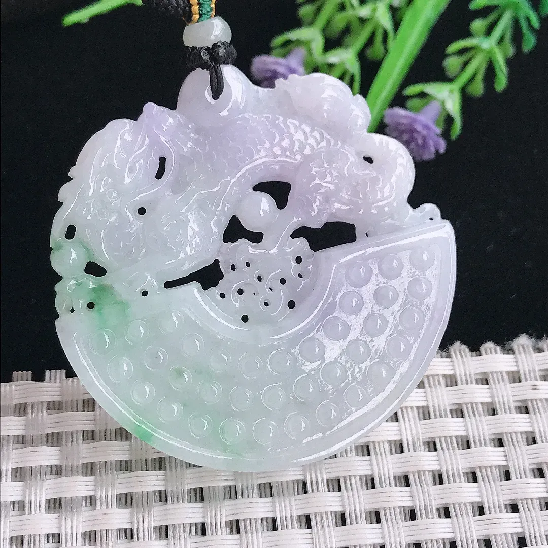 实拍A货翡翠48/5.8老坑秀气温润飘花仿古龙牌吊坠翡翠挂件