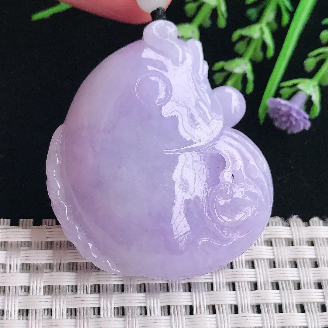 实拍A货翡翠46.5/39.5/17老坑冰润浓艳紫罗兰鲤鱼鱼吊坠翡翠连年有余挂件