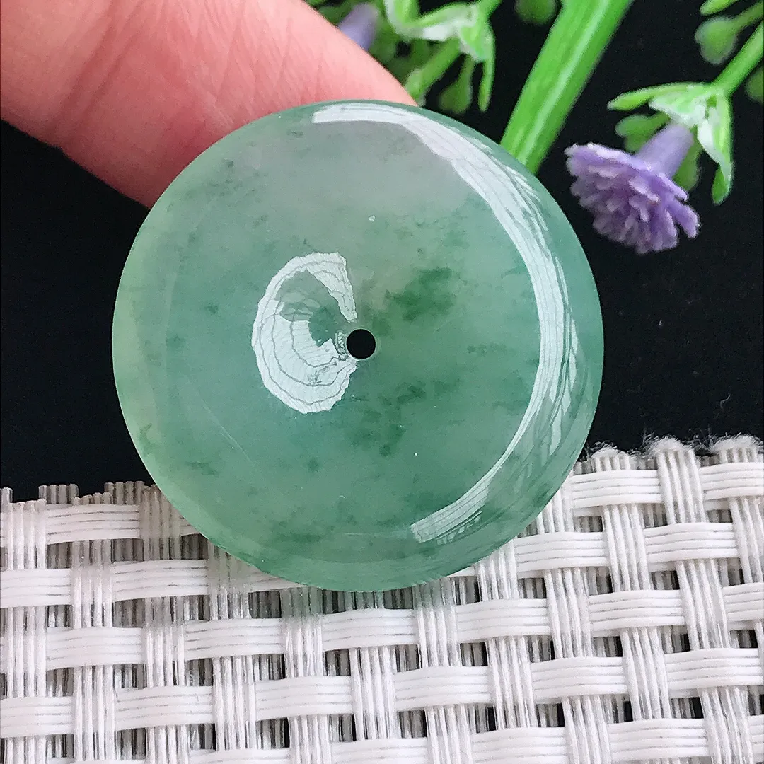 实拍A货翡翠30.4/5.5老坑冰胶水灵冰晴飘花平安扣吊坠翡翠挂件