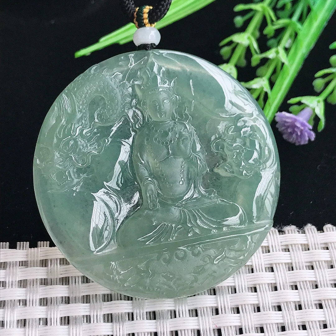 实拍A货翡翠49.6/5老坑冰种果冻冰晴满绿赐福观音吊坠翡翠挂件