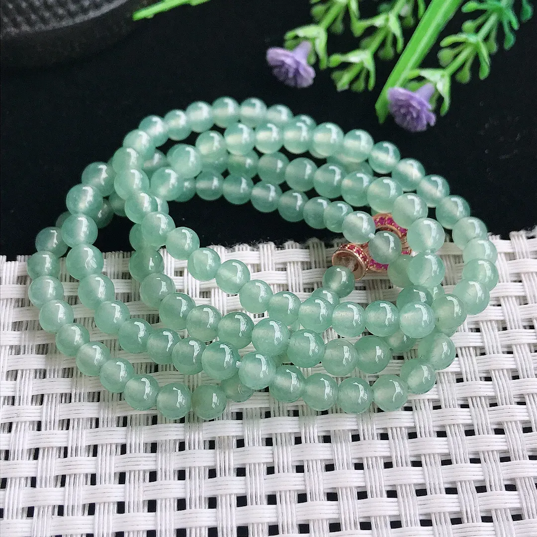 实拍A货翡翠5.7/118颗老坑冰种起胶冰晴绿翡翠项链玉珠