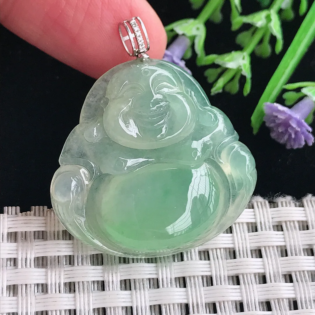 实拍A货翡翠30/31.6/6老坑18k金镶嵌冰晴甜绿佛公吊坠翡翠挂件