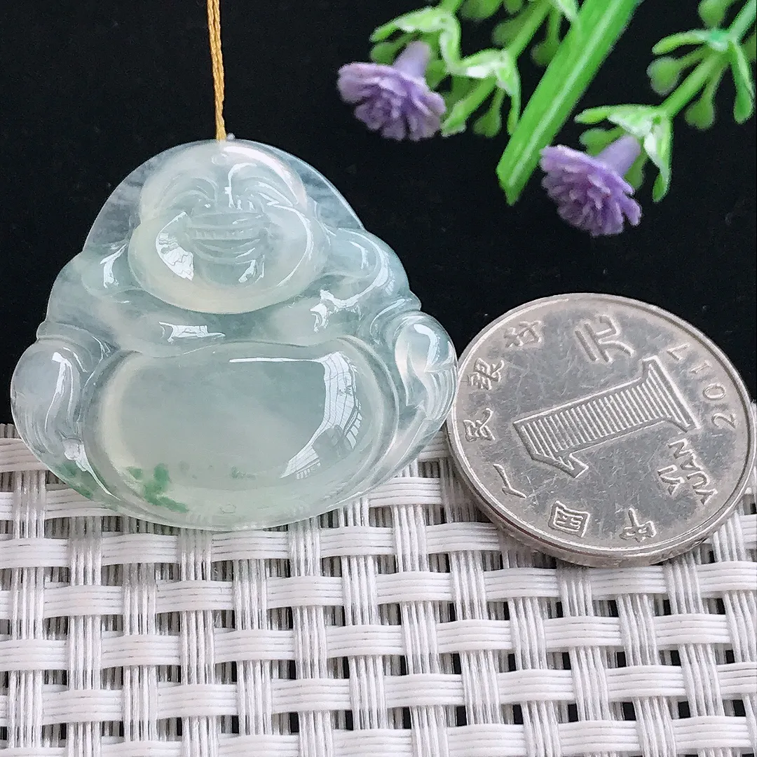 实拍A货翡翠30.8/34.6/6.2老坑冰透起胶飘花佛公吊坠翡翠挂件