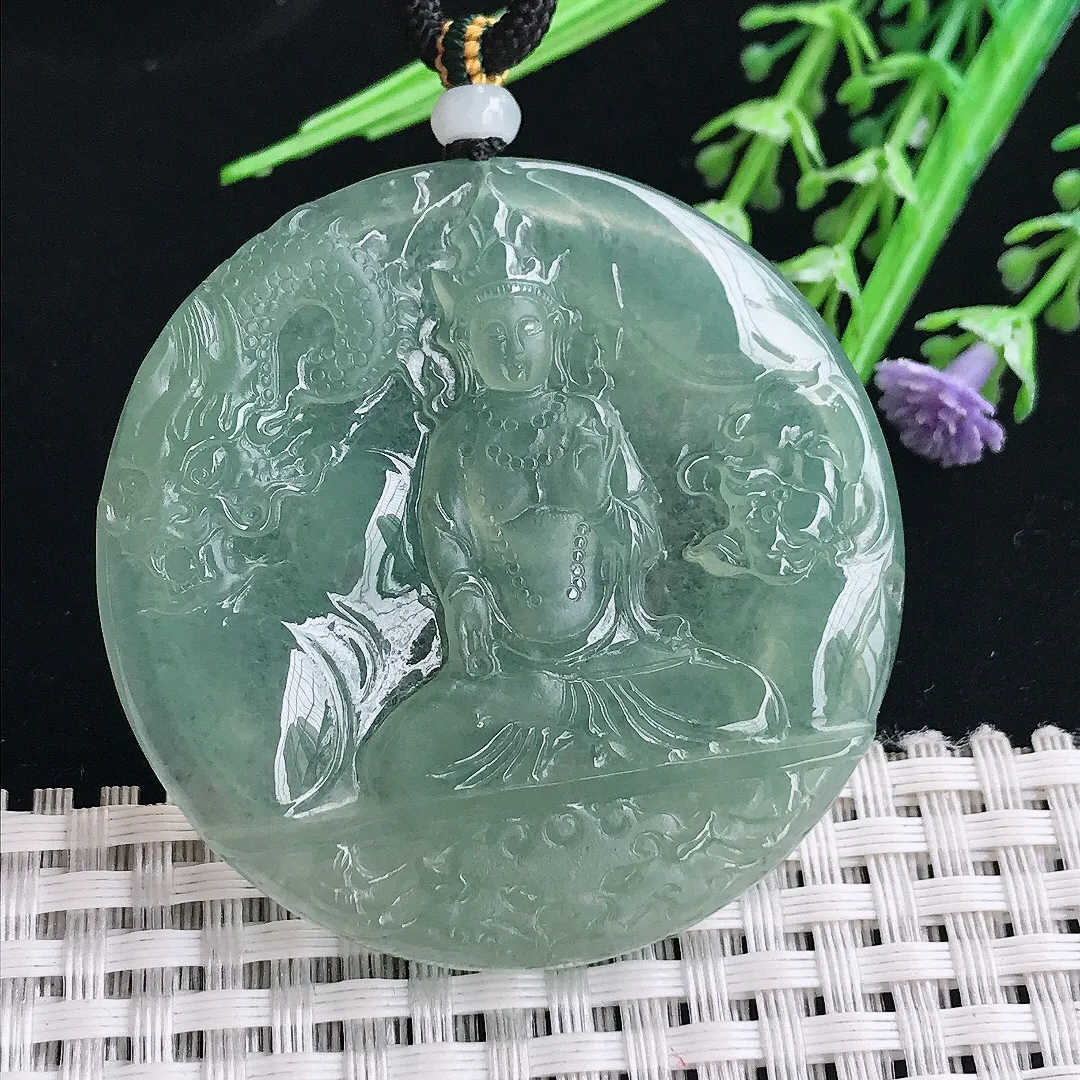 实拍A货翡翠49.6/5老坑冰种果冻冰晴满绿赐福观音吊坠翡翠挂件