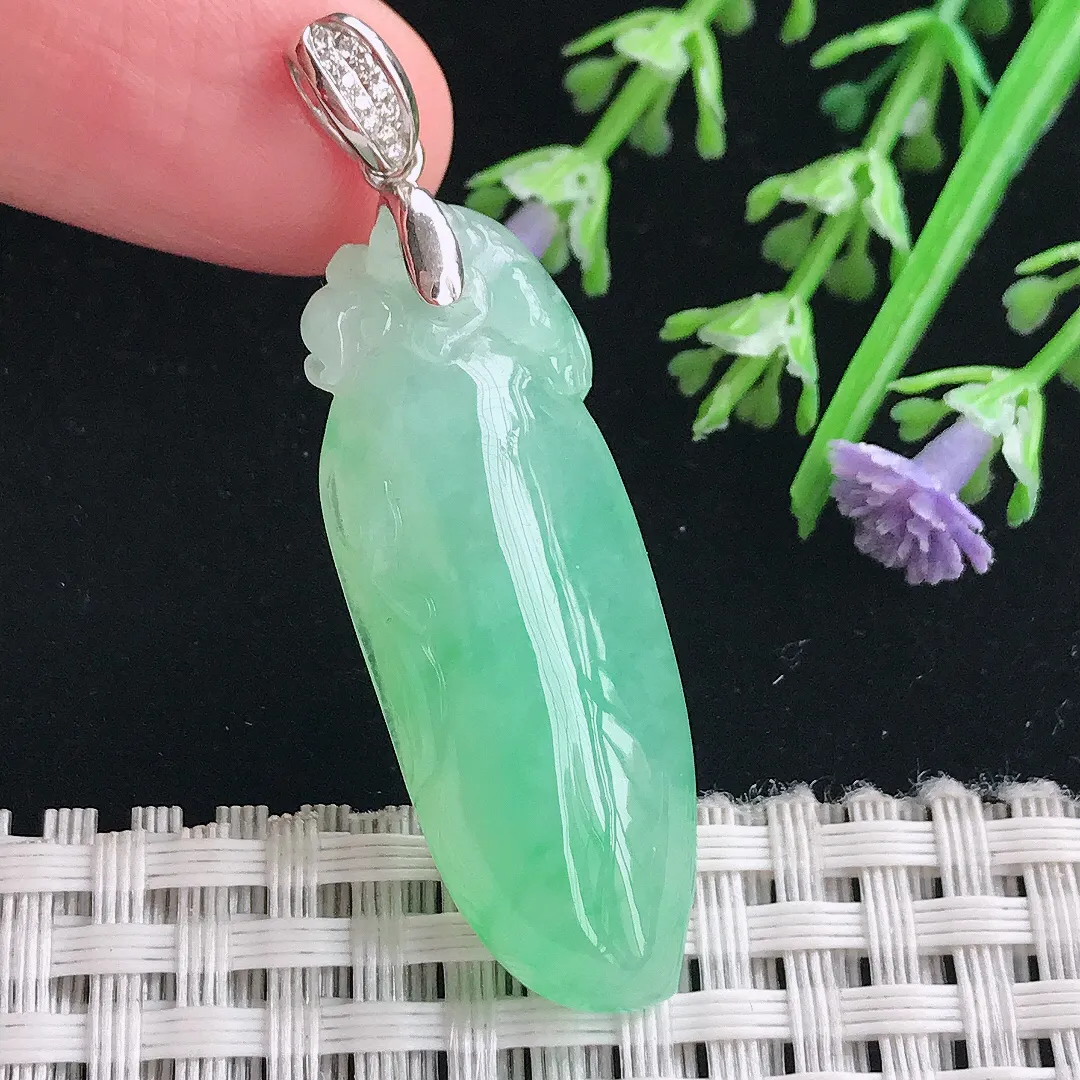 实拍A货翡翠39.2/14.5/8.2老坑18k金镶嵌冰阳绿满绿福瓜吊坠翡翠挂件