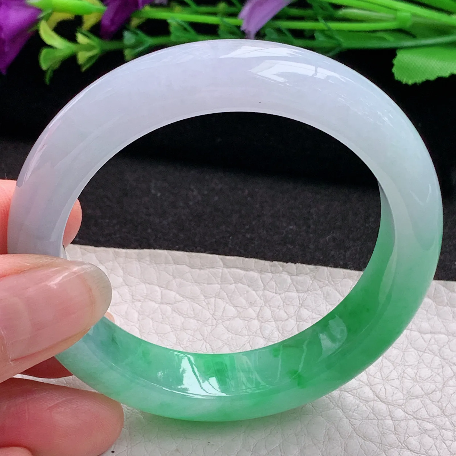 faa招财款53.5*13*8.5平安镯 天然缅甸翡翠A货水润半山水宽边玉手环