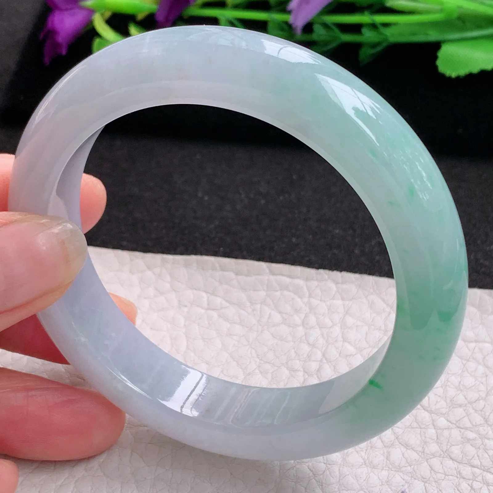 ll招财款57*12.5*9.6平安镯 天然缅甸翡翠A货冰润半山水蓝韵宽边玉手环