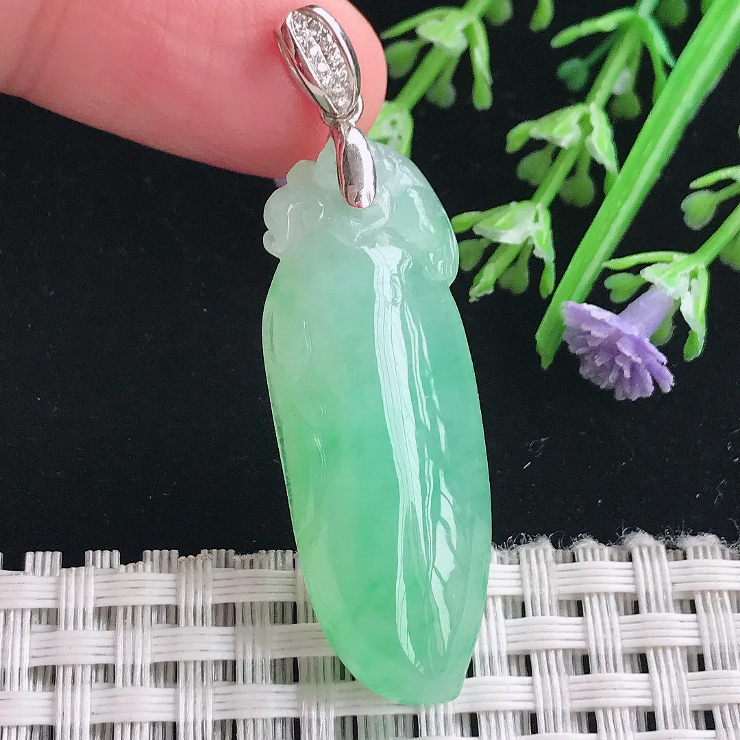 实拍A货翡翠39.2/14.5/8.2老坑18k金镶嵌冰阳绿满绿福瓜吊坠翡翠挂件