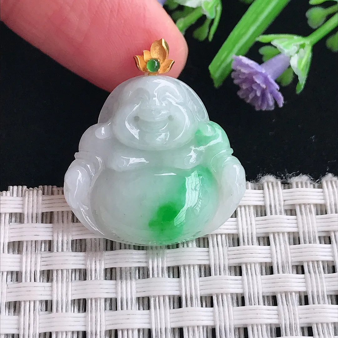 实拍A货翡翠22.8/24.2/5.4老坑18k金镶嵌温润飘阳绿佛公吊坠翡翠挂件