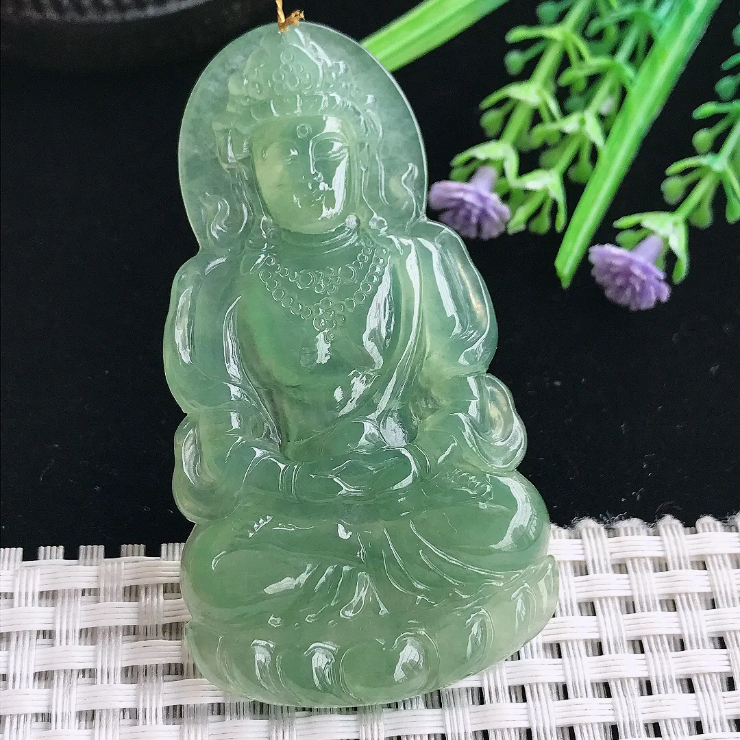 实拍A货翡翠66/36.4/5.5老坑冰胶果冻满甜绿渡母菩萨吊坠翡翠挂件