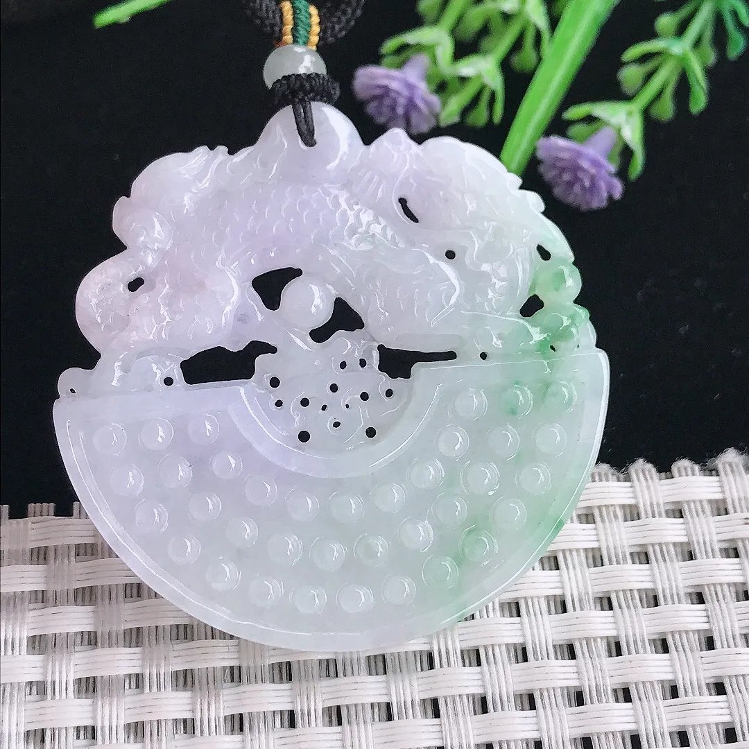 实拍A货翡翠48/5.8老坑秀气温润飘花仿古龙牌吊坠翡翠挂件