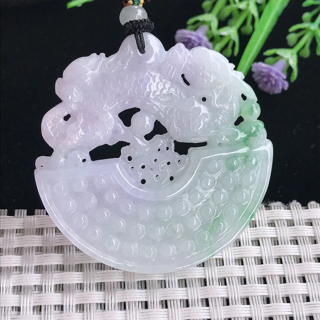 实拍A货翡翠48/5.8老坑秀气温润飘花仿古龙牌吊坠翡翠挂件